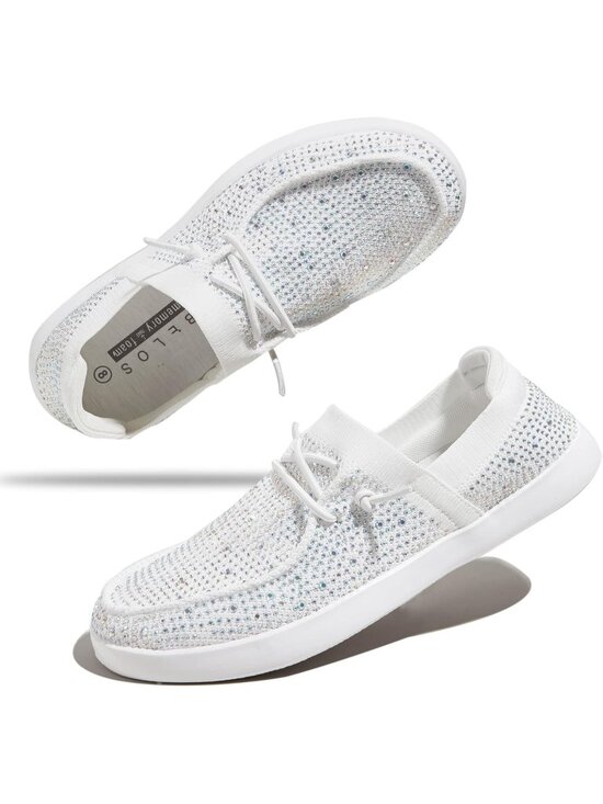 Shoes - Women's White Comfortable Sparkly Rhinestone Lace Up Glitter Walking Sneaker